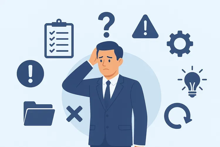 Плоская иллюстрация: обеспокоенный мужчина в деловом костюме окружён иконками ошибок, предупреждений, задач и идей, символизирующих трудности и неопытность начинающего проектного менеджера.