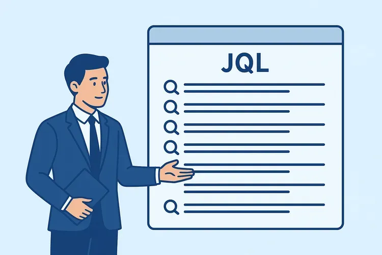 Флет-иллюстрация бизнес-профессионала, стоящего рядом с экраном, на котором отображён список JQL-запросов для Scrum-команды, выполненная в синих и голубых тонах.