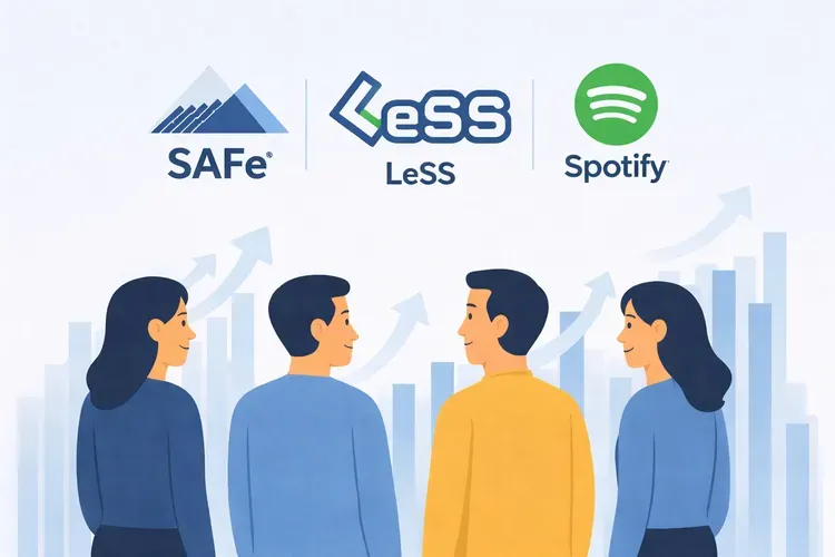 Иллюстрация масштабирования Agile: команды работают по фреймворкам SAFe, LeSS и Spotify, визуальные модели Agile расположены на светло-голубом фоне, концепция enterprise Agile в 2026 году