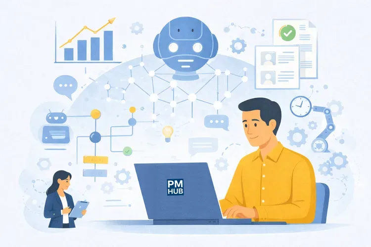 Плоская digital-иллюстрация в светло-голубых тонах: проектный менеджер работает за ноутбуком, вокруг него — голографические AI-иконки (чат-бот, график, шестерёнка, документ, автоматизация), символизирующие использование искусственного интеллекта в управлении проектами.