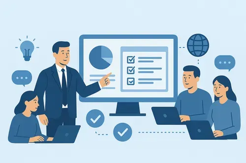 Иллюстрация распределённой ИТ-команды, работающей совместно: руководитель показывает данные на большом мониторе, а специалисты с ноутбуками обсуждают задачи. На фоне — иконки глобуса, сообщений, идей и чек-листов, символизирующие онлайн-взаимодействие.