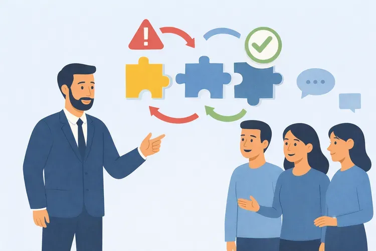 Проектный менеджер объясняет команде управление изменениями: на светло-голубом фоне показаны соединяющиеся элементы пазла, стрелки изменений, предупреждение и отметка успешного результата.