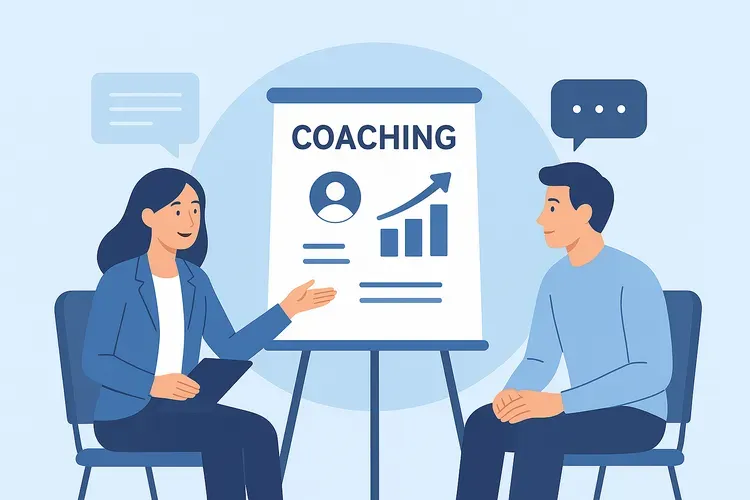 Плоская иллюстрация: коучинг-сессия, женщина-консультант объясняет мужчине-проектному менеджеру рост и развитие, на фоне флипчарта с графиком