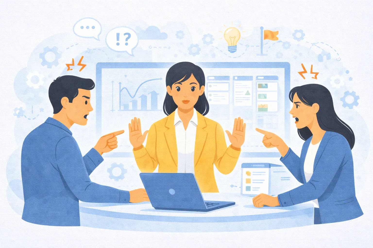 Управление конфликтами в проектной команде: проектный менеджер выступает медиатором между сотрудниками, применяя техники разрешения конфликтов и командной коммуникации в IT-проекте.