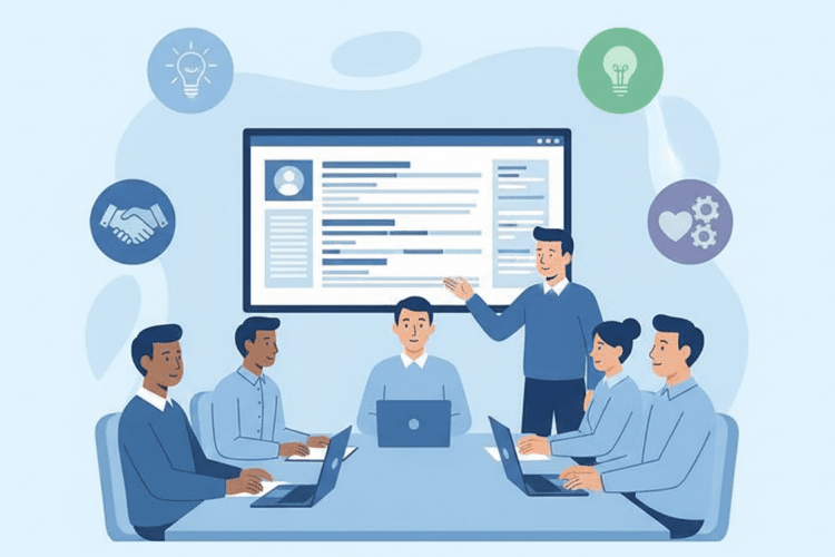 Иллюстрация команды в офисе, несколько сотрудников обсуждают дорожную карту проекта у большого экрана с диаграммами и иконками корпоративных ценностей в сине‑голубой палитре, без текста