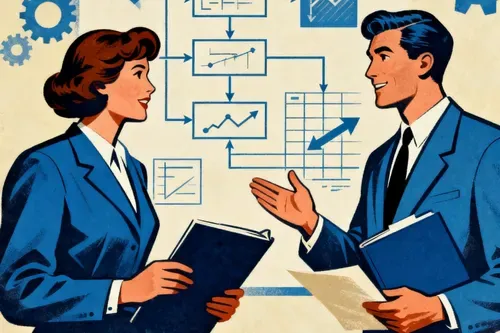 На винтажной иллюстрации изображены два бизнес-профессионала — женщина и мужчина в строгих костюмах, обсуждающие задачи перед крупной диаграммой с надписью «Портфель проектов». На схеме взаимосвязаны графики, таблицы и диаграммы, а в фоне — крупные шестерёнки, подчеркивающие деловую и инженерную тематику