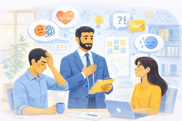 Проектный менеджер обсуждает задачи с командой, проявляя эмпатию: один участник выглядит напряжённым, другой — вовлечённым, а вокруг показаны иконки эмоций и коммуникации.