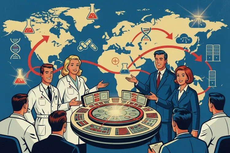 Ретро‑иллюстрация в стиле американских плакатов 1950‑х: четверо улыбающихся специалистов глобальной фармкомпании, двое в белых халатах и двое в деловых костюмах, стоят вокруг крупной круглой цифровой платформы‑консоли с экранами и линиями связей; на фоне карта мира со стрелками между континентами, иконки колб, таблеток, ДНК‑спирали, шестерёнок и облака данных, создающие ощущение технологичного прогресса и успешного внедрения интеграционной платформы