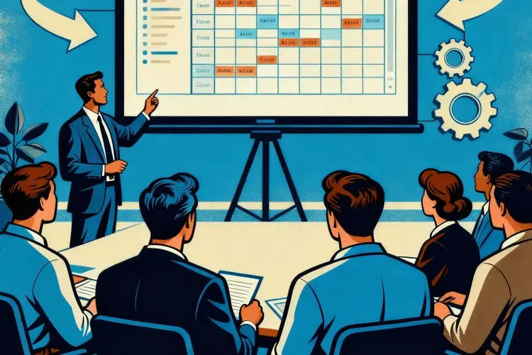 Плоская иллюстрация в корпоративных тонах: команда специалистов обсуждает внедрение Jira в большой компании, на фоне доска с диаграммами и значок Jira