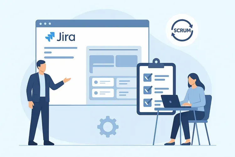 Scrum-команда настраивает Jira: мужчина презентует интерфейс, женщина работает за ноутбуком, рядом чек-лист и логотип Scrum