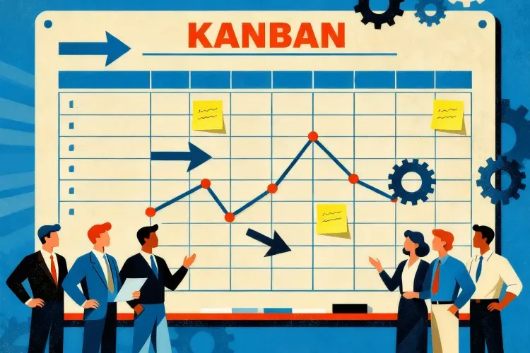 Иллюстрация в винтажном стиле с профессионалами перед большим канбан-бордом, шестерёнками, графиком, стрелками и стикерами в голубых и бежевых оттенках