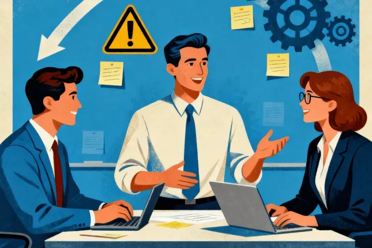 Иллюстрация в деловом стиле, изображающая трёх сотрудников производственной компании, обсуждающих внедрение Kanban. На фоне видны шестерёнки, стикеры и знак внимания, символизирующие оптимизацию процессов и управление потоками задач.