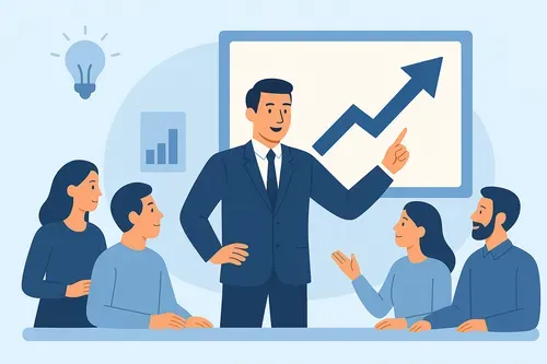 Иллюстрация в плоском стиле: руководитель вдохновенно обращается к команде из четырёх человек на фоне графика с восходящей стрелкой. Символы шестерёнок и лампы подчеркивают идеи роста и инноваций