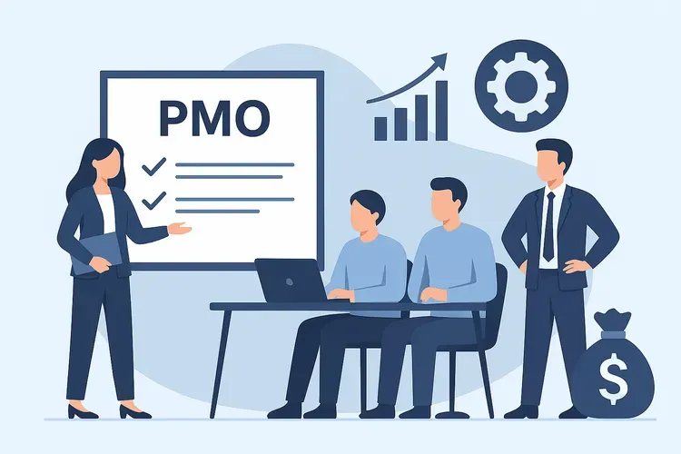 Иллюстрация в плоском стиле: команда обсуждает создание PMO, женщина презентует на доске, рядом символы роста, шестерня и мешок с деньгами