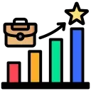Иконка с изображением кейса, восходящей цветной гистограммы и золотой звезды, символизирующая рост профессиональных навыков и достижение продвинутого уровня