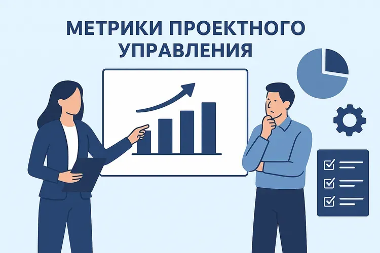 Плоская иллюстрация: женщина в костюме показывает мужчине график роста на доске, рядом иконки диаграммы, чек-листа и шестерни — символы проектных метрик