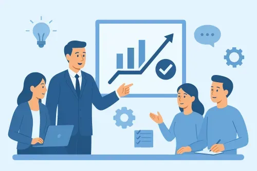 Два бизнес-профессионала пожимают друг другу руки на фоне диаграммы с трендом роста и символом Agile на светло-голубом фоне