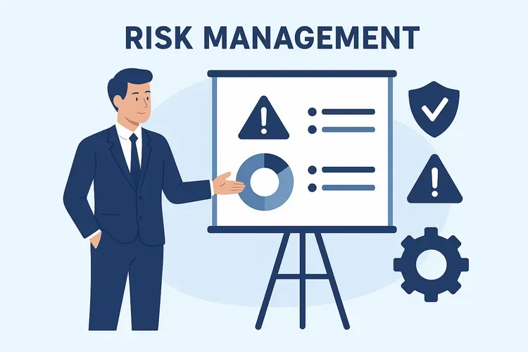 Flat-иллюстрация в светло-голубых тонах, изображающая профессионалов, анализирующих риски в проектном управлении. На фоне — диаграммы, графики и символические элементы оценки рисков, подчеркивающие аналитический процесс и стратегическое мышление
