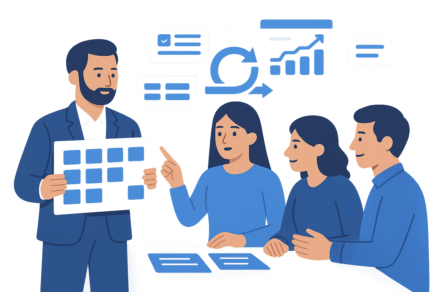 Scrum framework roles and artifacts illustration in blue tones