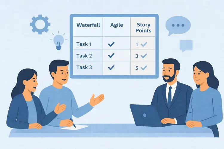 Команда проектных менеджеров обсуждает методы оценки задач за столом; на экране показано сравнение Waterfall, Agile и Story Points в светло-голубой цветовой гамме