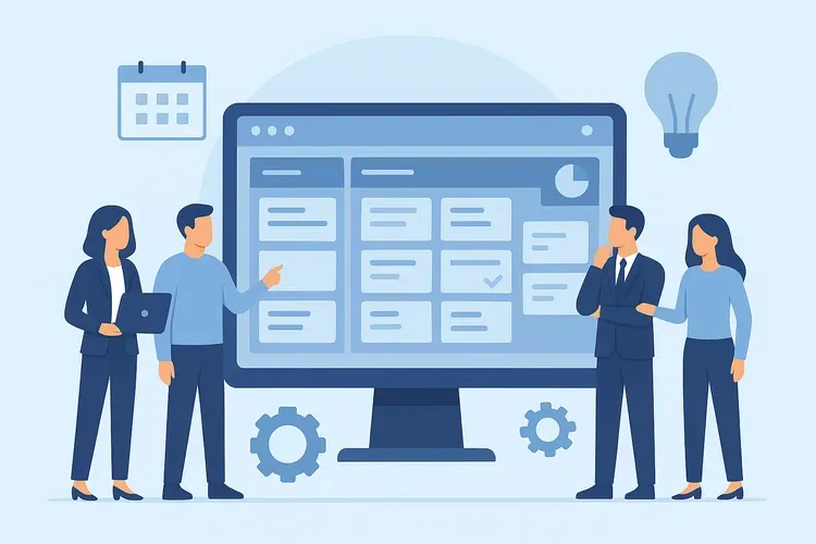 Иллюстрация с командой менеджеров, обсуждающих задачи на большом экране с онлайн-доской управления проектами. Символизирует использование современных цифровых инструментов для планирования и координации проектов