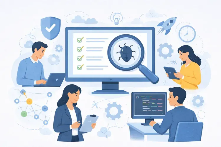 Плоская иллюстрация процесса тестирования в IT: команда специалистов анализирует качество продукта, на экране — чек-лист и баг под лупой, вокруг — символы автоматизации, безопасности и командной работы.